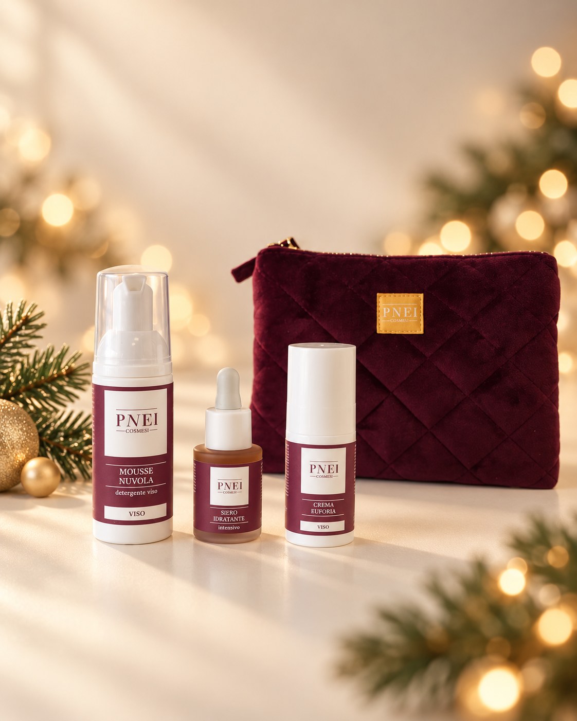 Velvet Glow e pochette Burgundi della campagna Natale PNEI